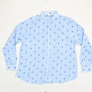 Idillio Positano Men's Button Down Shirt Long Sleeve Linen Blue XL Sea Horse
